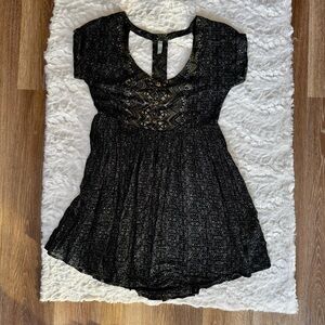 Free People Sundown Babydoll Mini Dress in Black Tribal Print w T-strap back